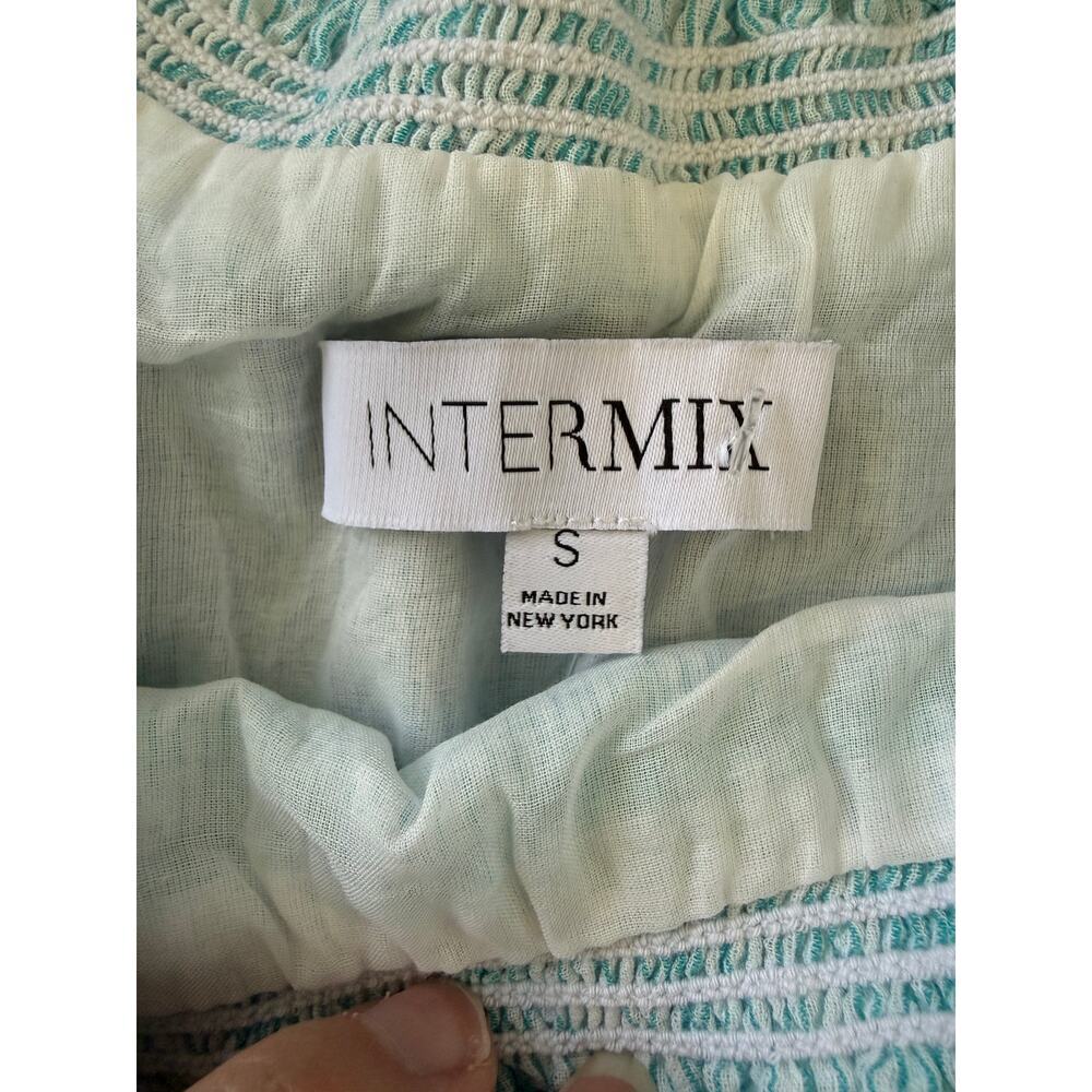 Intermix Off-Shoulder Smocked Peplum Blouse Blue Stripe Sz S Cotton Coastal Boho - Picture 3 of 7